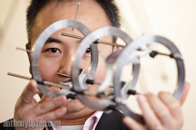 IMPACT! An exhibition of collaborative work with designers from the Royal College of Art visualising the advances in science from the Engineering and Physical Sciences  Research Council
PRESS ASSOCIATION Photo. Picture date: Monday March 15th  2010
Prof. Yanqiu Zhu with an arm frame which will hold nano shock absorbing material 
Photo credit should read: Anthony Upton/PA Wire